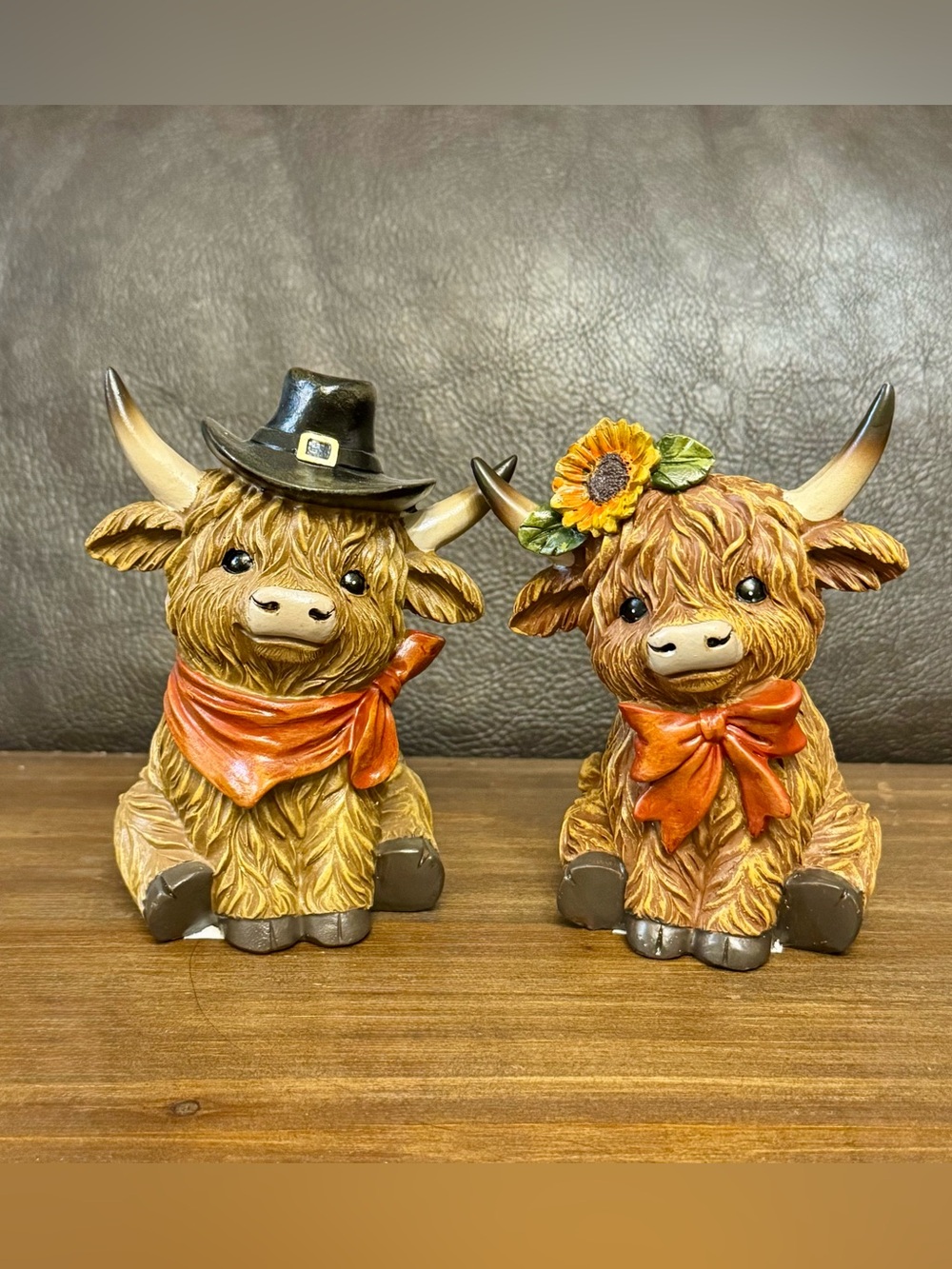 Cute Highland Cow Figurine Pair in Brown with Orange Accents